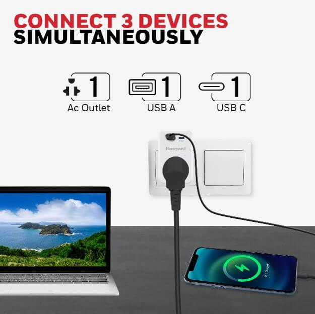 ปลั๊กแปลง Honeywell รุ่น HCC000033 ป้องกันไฟกระชาก (USB-C 1 ช่อง, USB-A 1 ช่อง)_3
